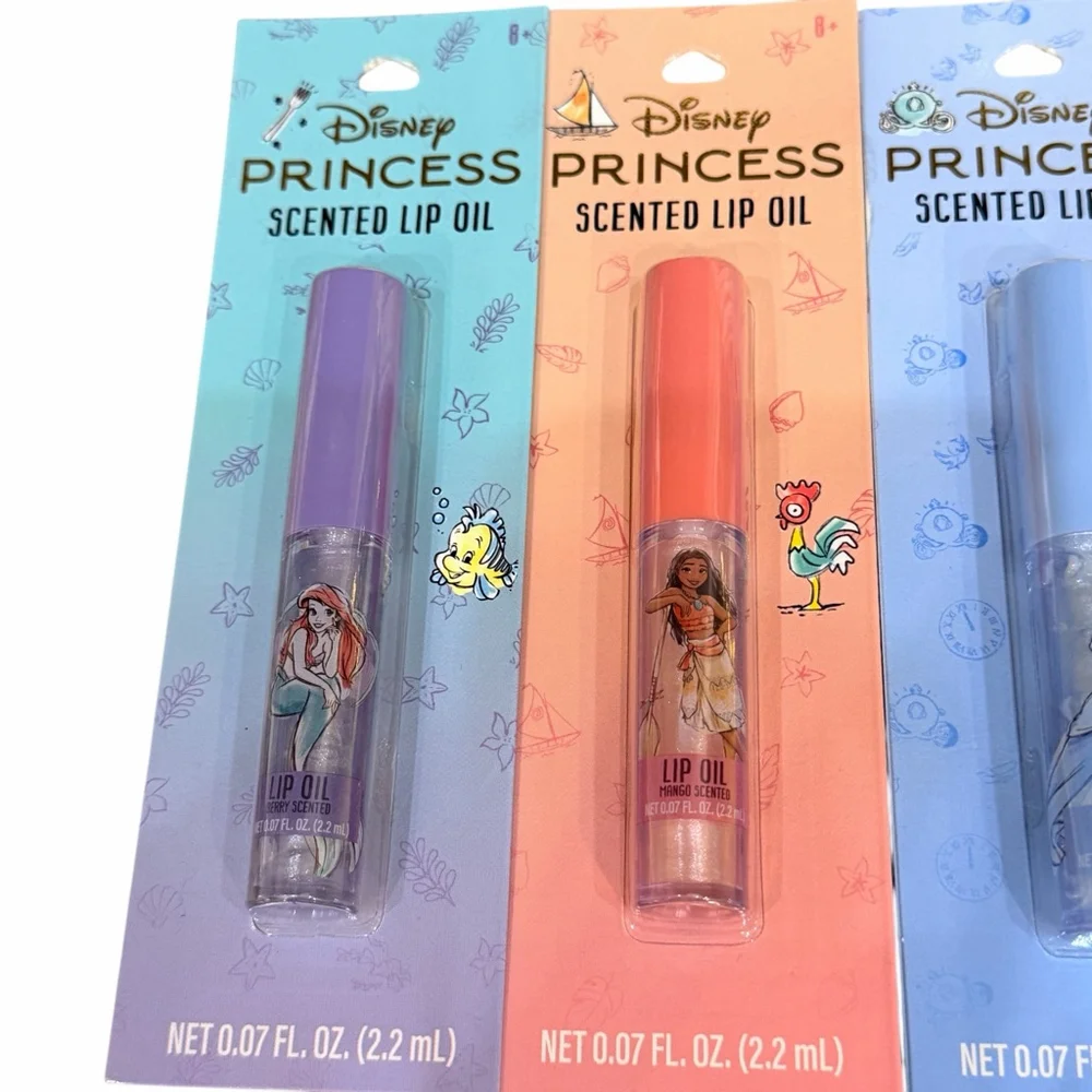 Disney Princess Scented Lip Oil Set + Blue Gingham Zipper Pouch New